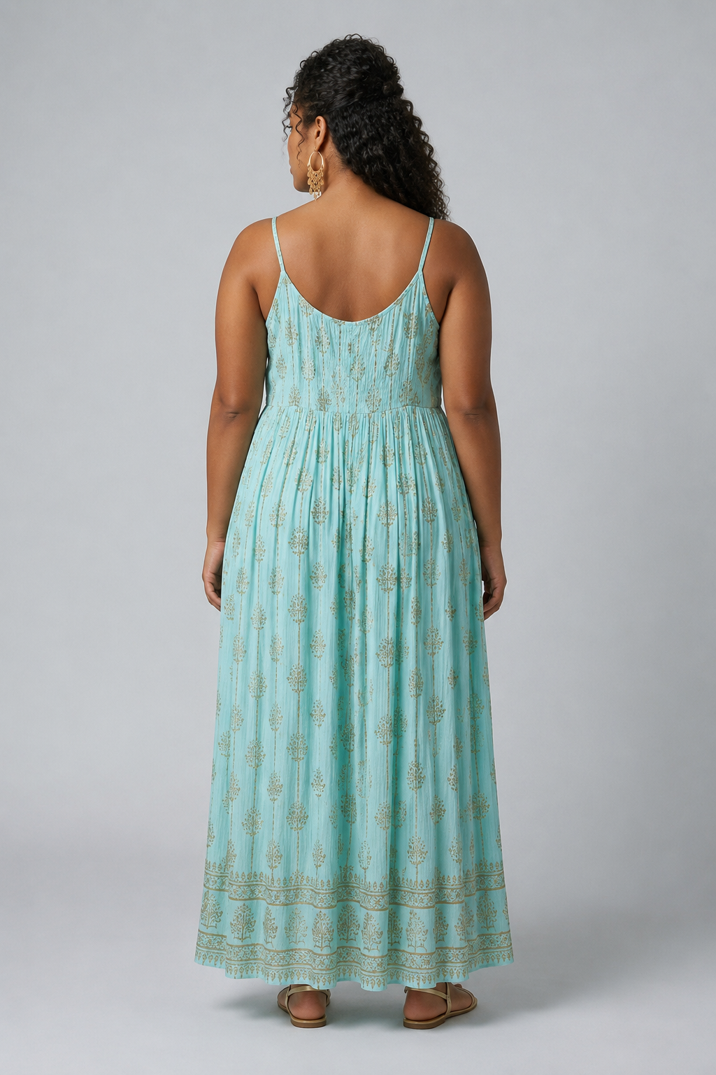 One Size / Turquoise And Gold Cotton Grecian Maxi Dress