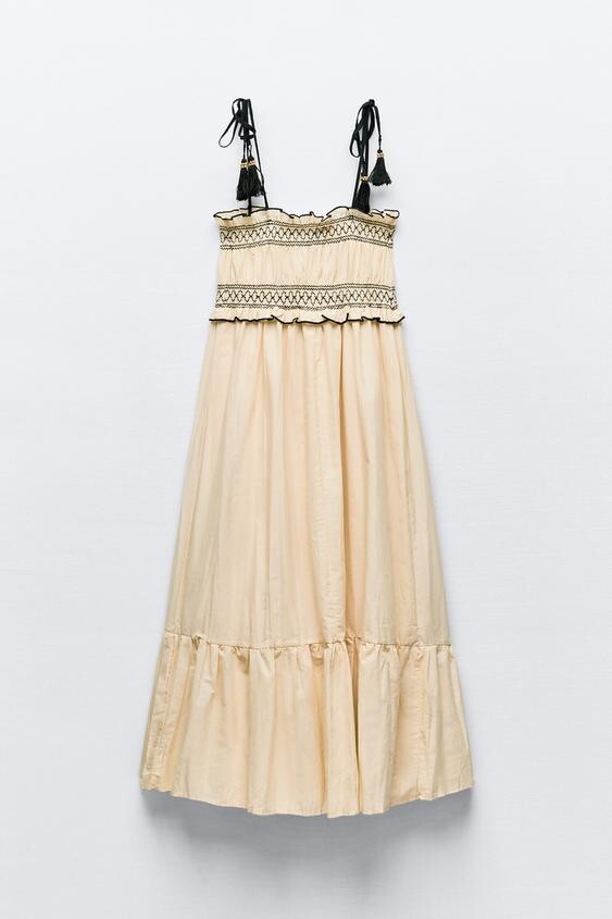 Light Beige and Black Midi Dress with Stretch Top
