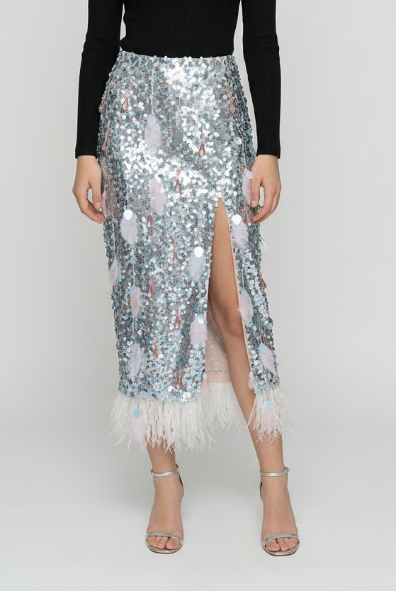Teardrop Sequin Skirt with Feather Trim