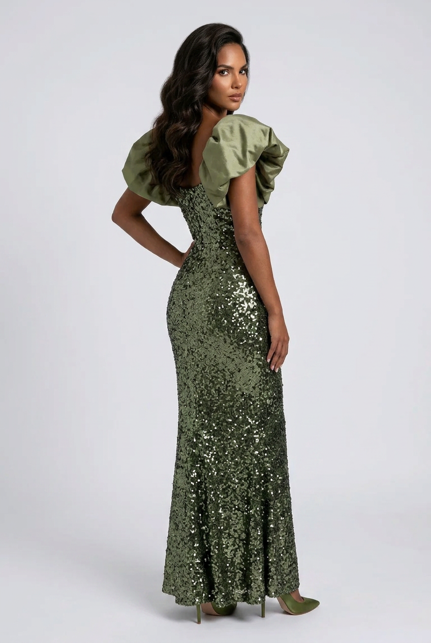 Olive Puff Sleeve Sequin Maxi Mermaid Dress
