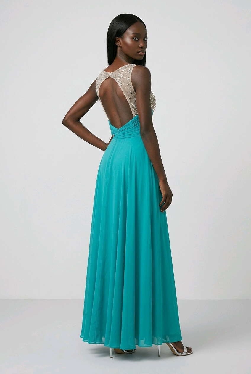 Beaded Bodice Teal Blue Open Back Chiffon Maxi Dress