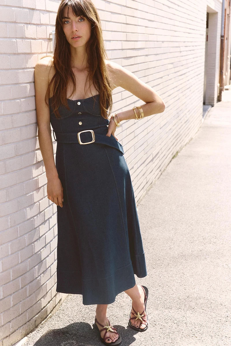 Strapless Denim Belted Midi Dress