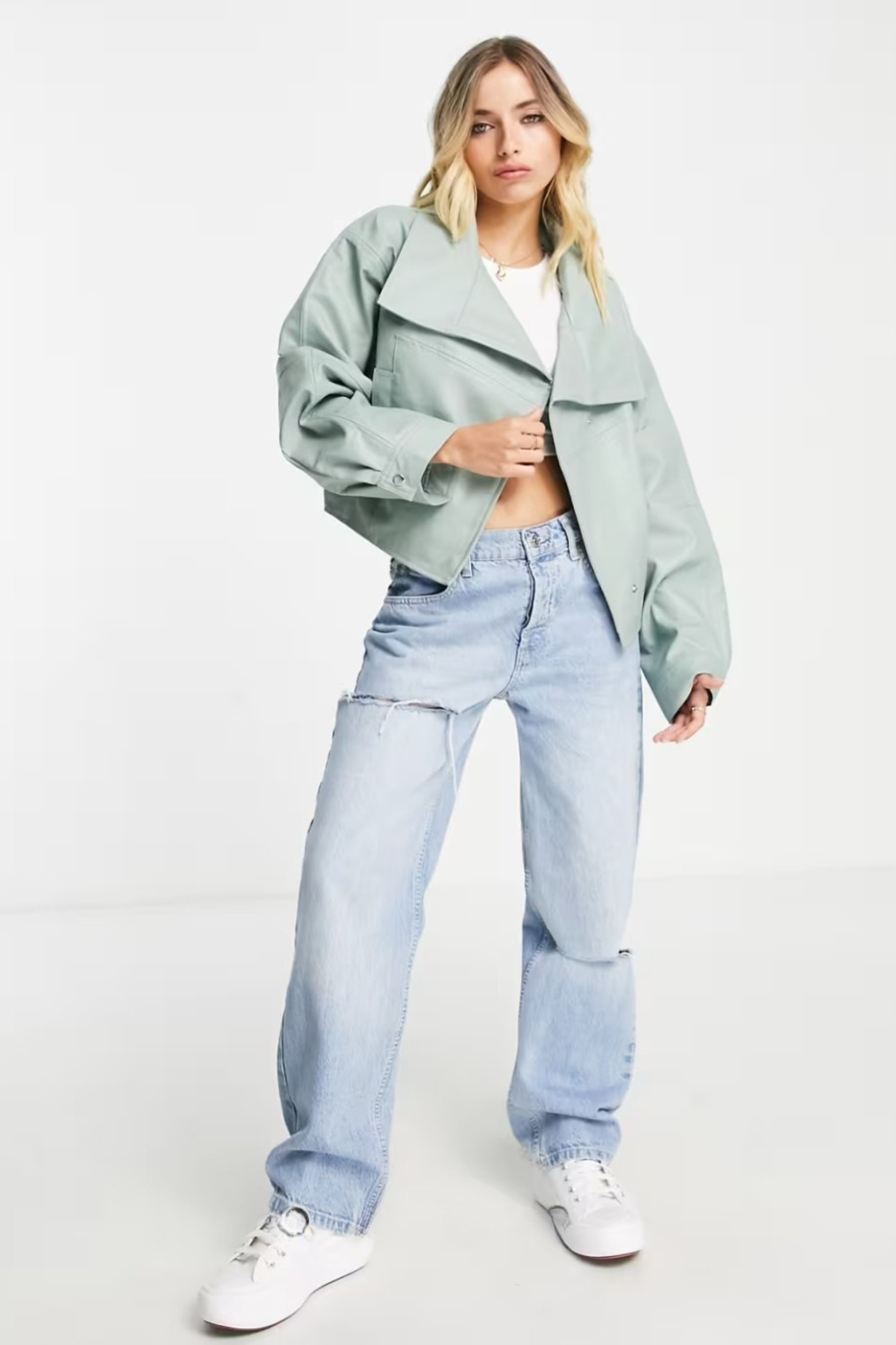 Sage Cropped PU Leather Jacket