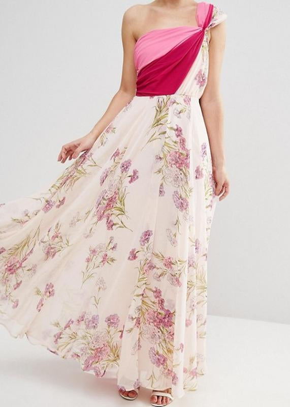 Elegant Floral One Shoulder Chiffon Dress