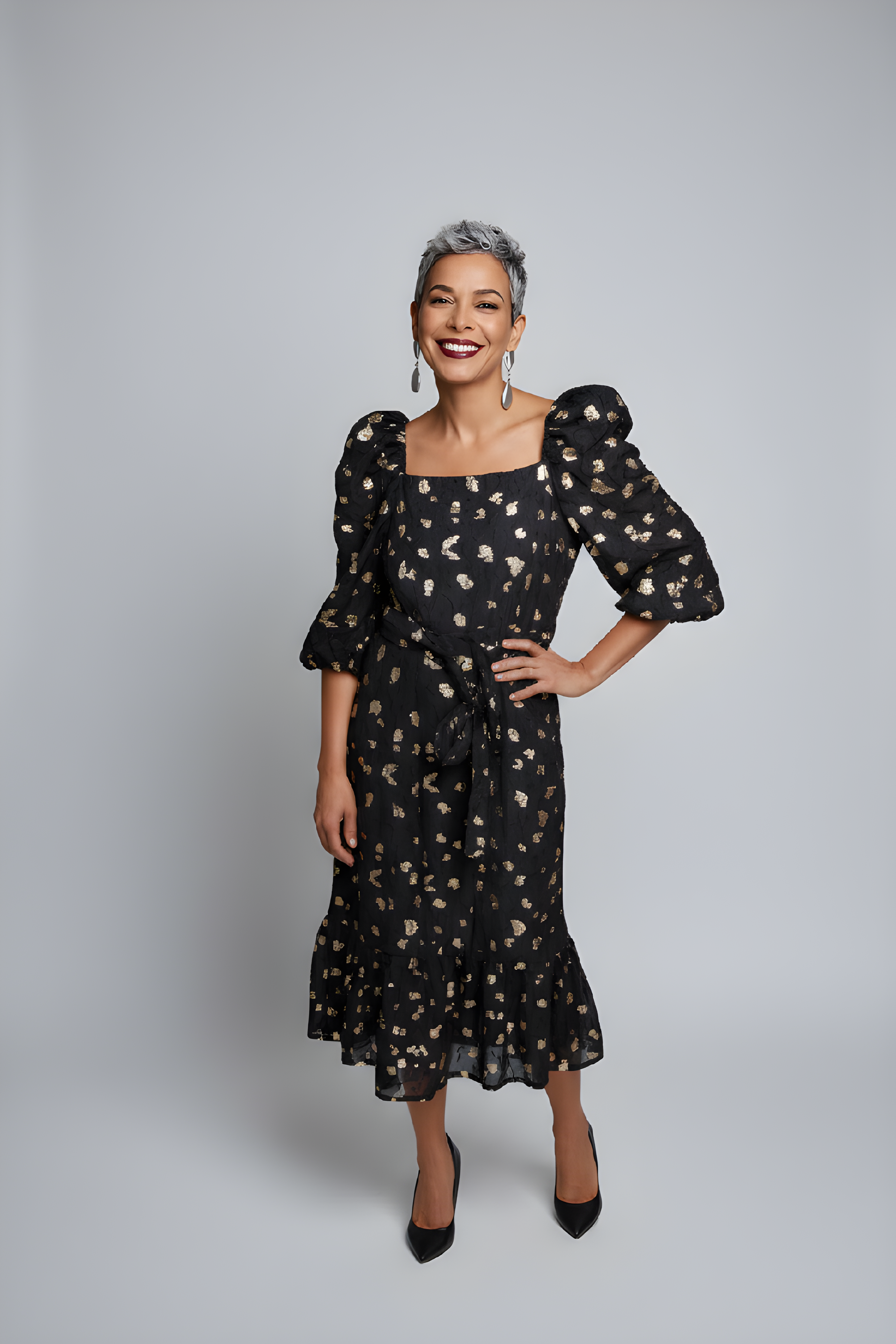 Puff Sleeve Gold Metallic Spot Midi Dress