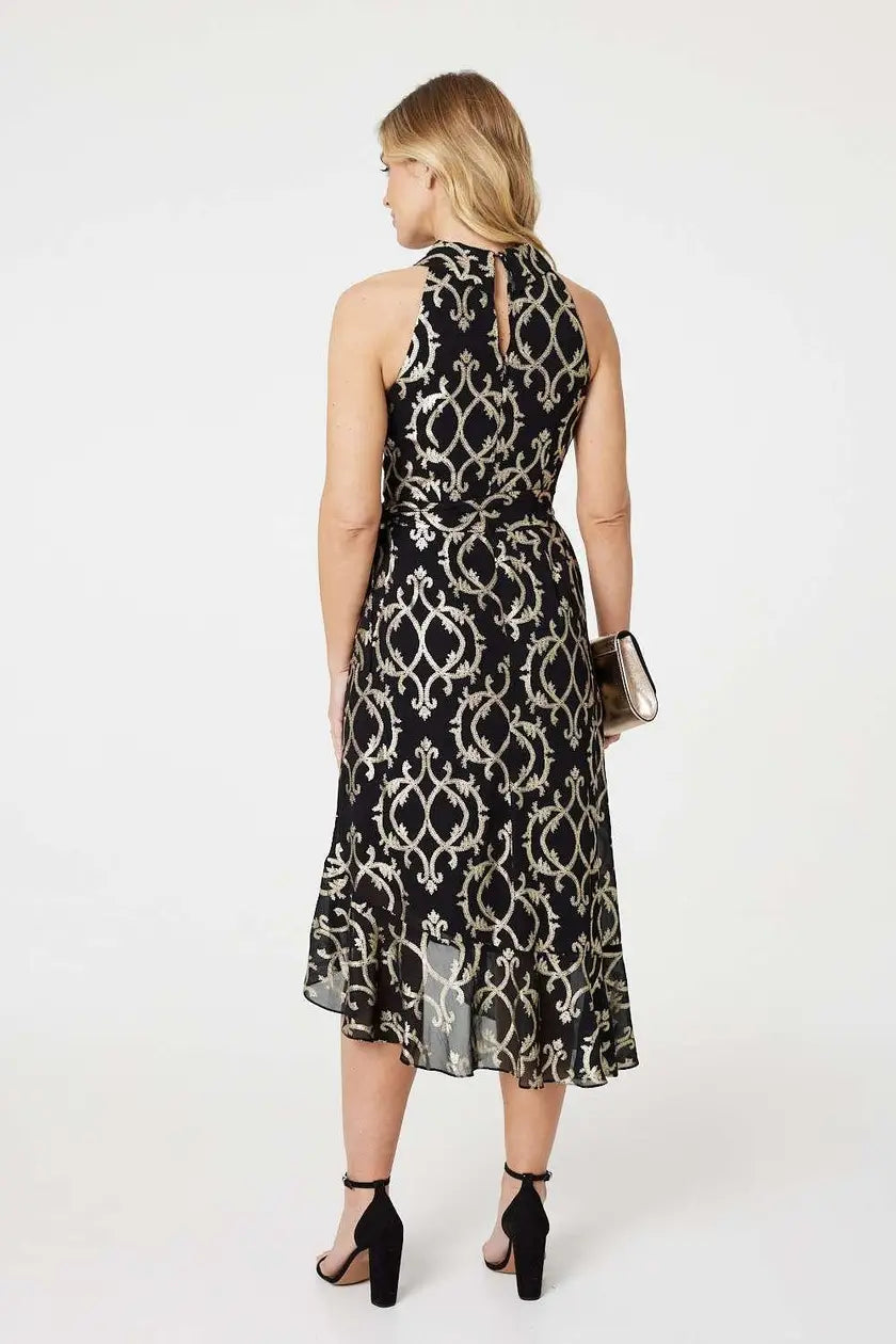 Gold and Black Printed High Low Halter-Neck Midi Dress
