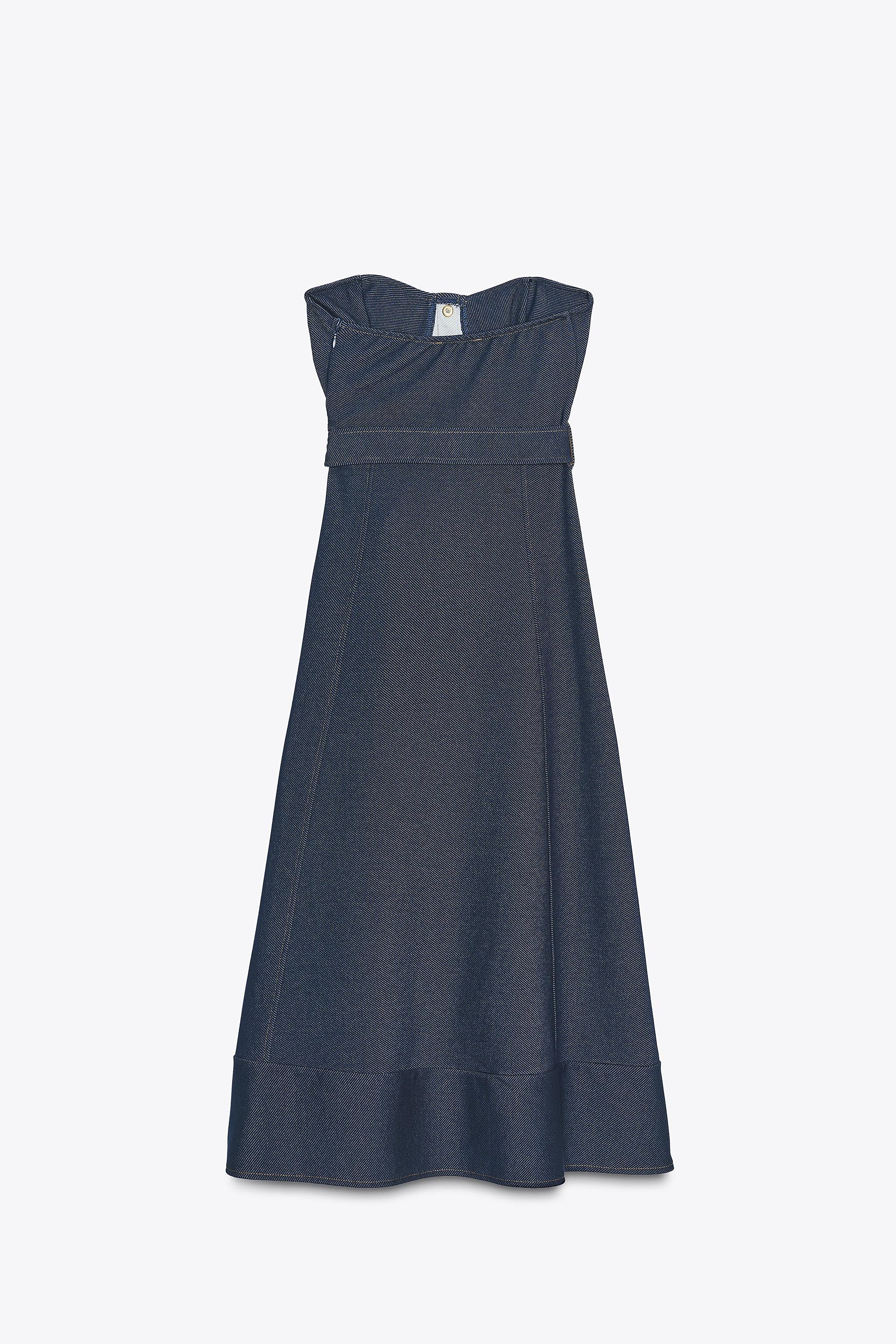Strapless Denim Belted Midi Dress