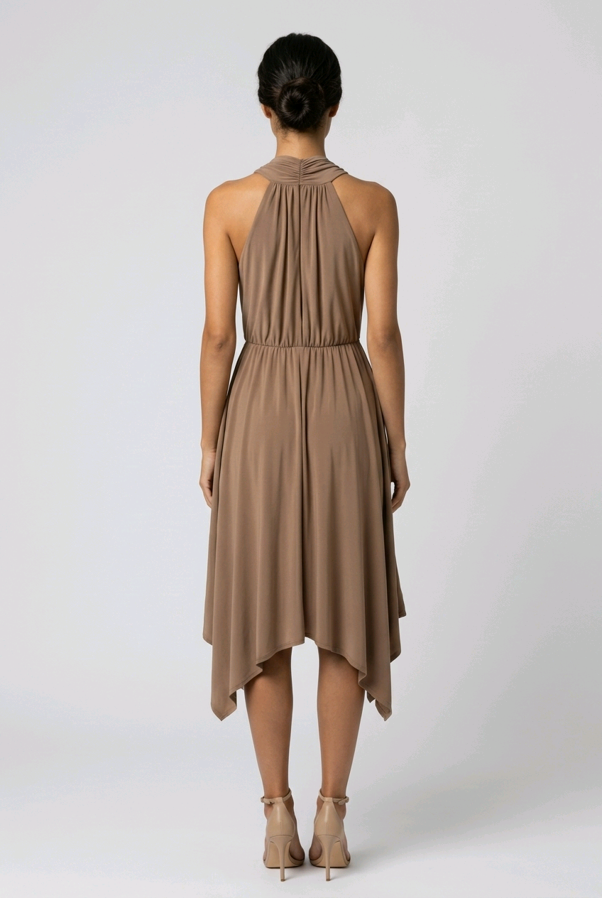 Grecian Asymmetrical Taupe Drape Dress