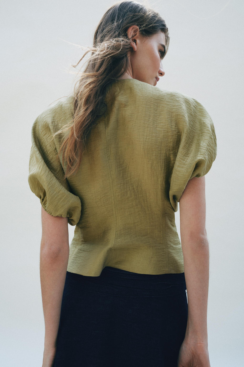 Olive Puff Sleeve Tailored Top