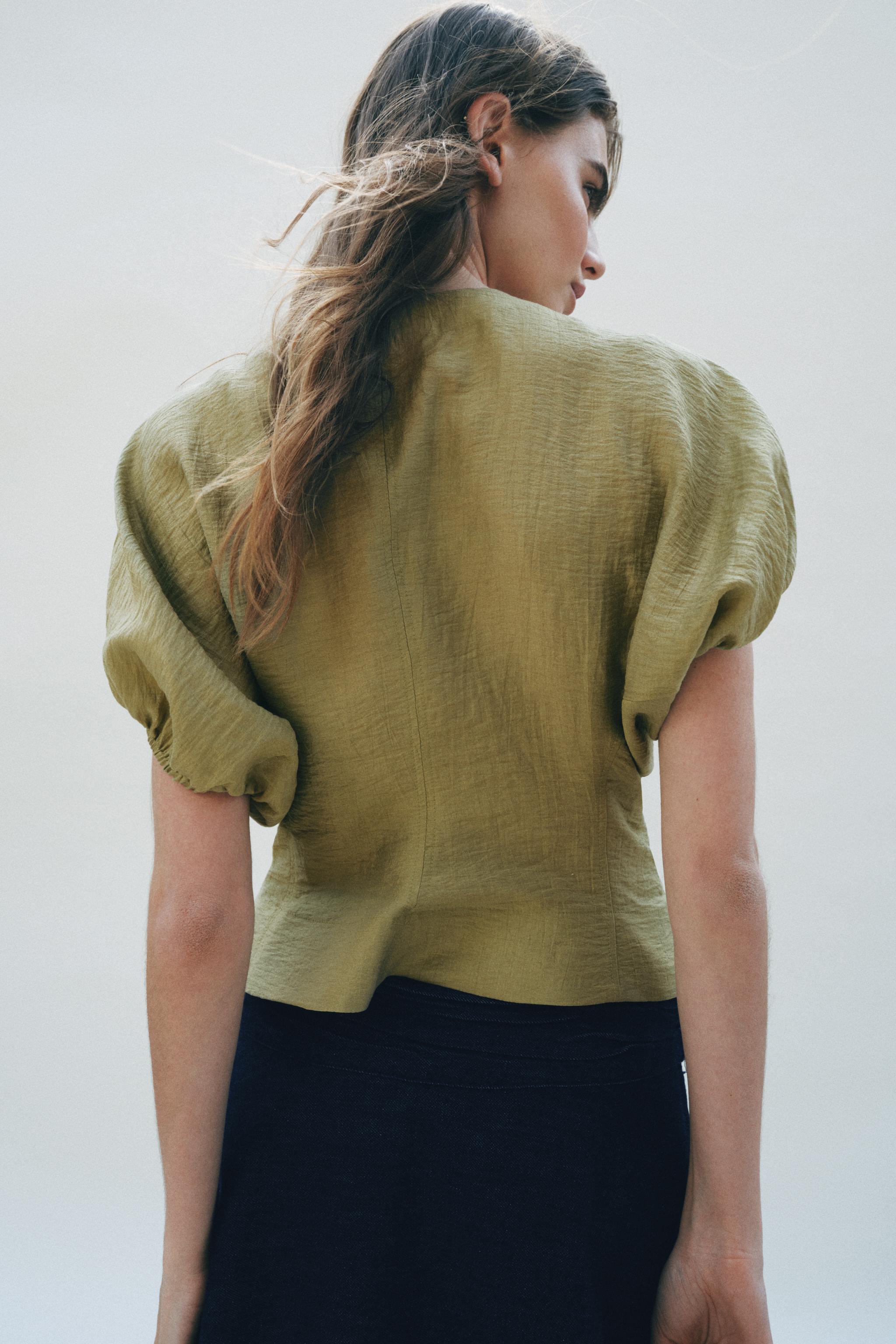 Olive Puff Sleeve Tailored Top