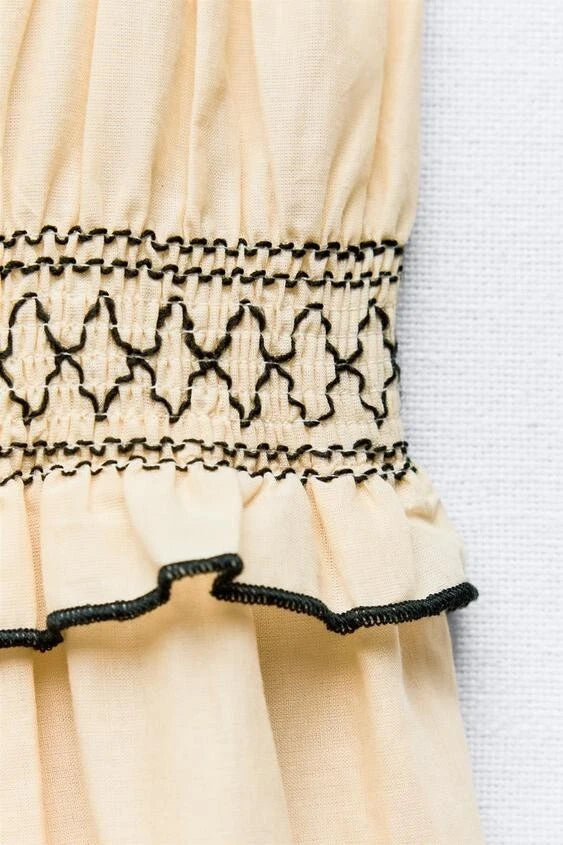 Light Beige and Black Midi Dress with Stretch Top