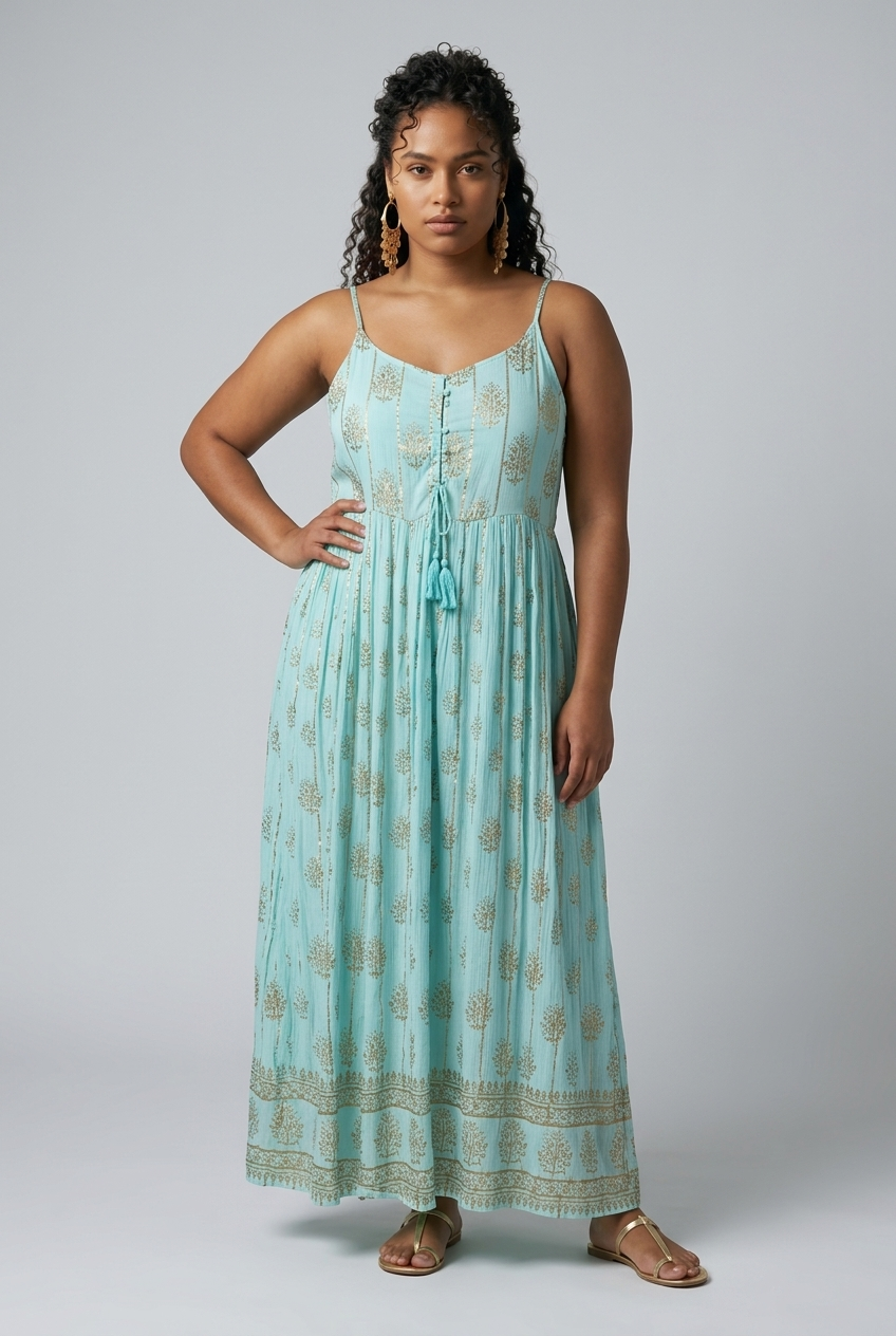 One Size / Turquoise And Gold Cotton Grecian Maxi Dress