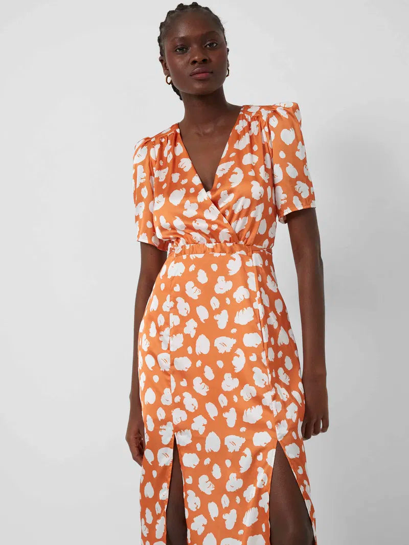 Satin Front Split Midi Dress