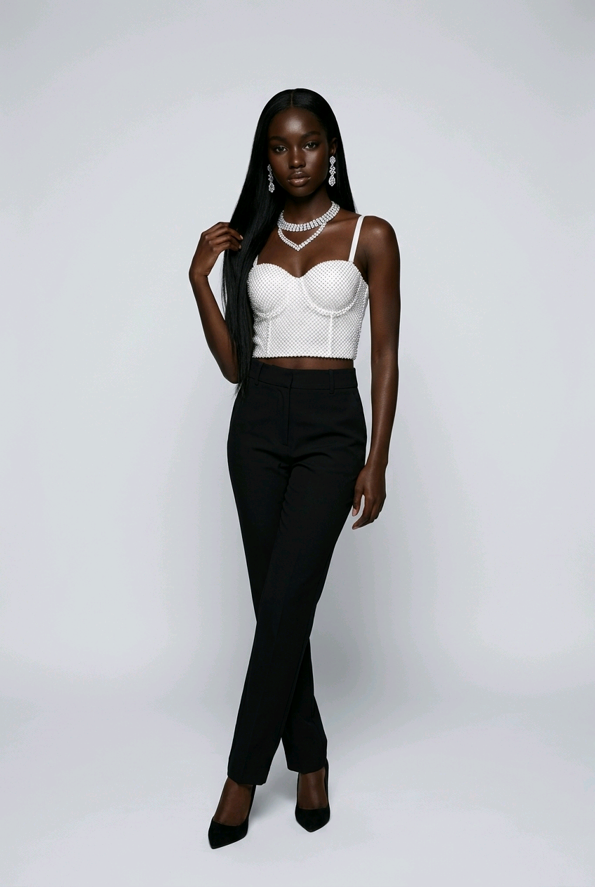 White Rhinestone Bustier Crop Top