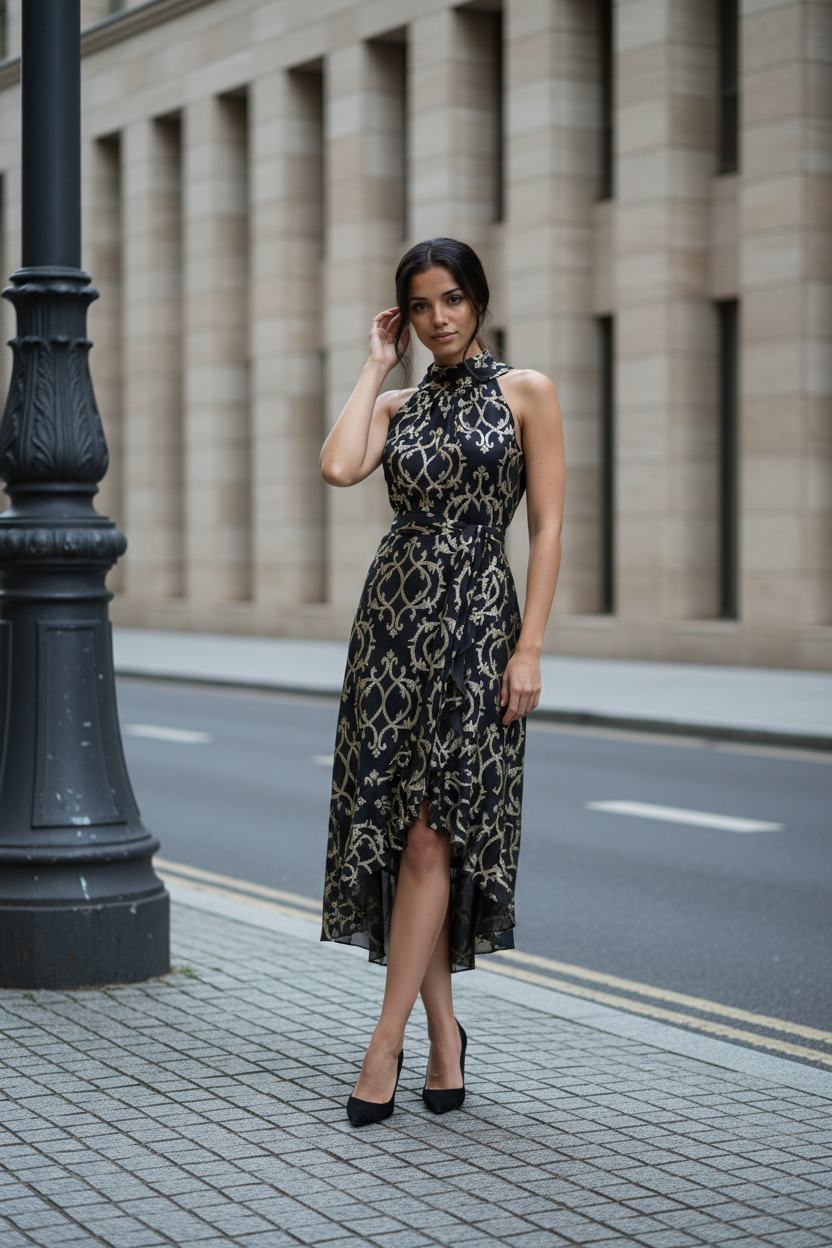 Gold and Black Printed High Low Halter-Neck Midi Dress