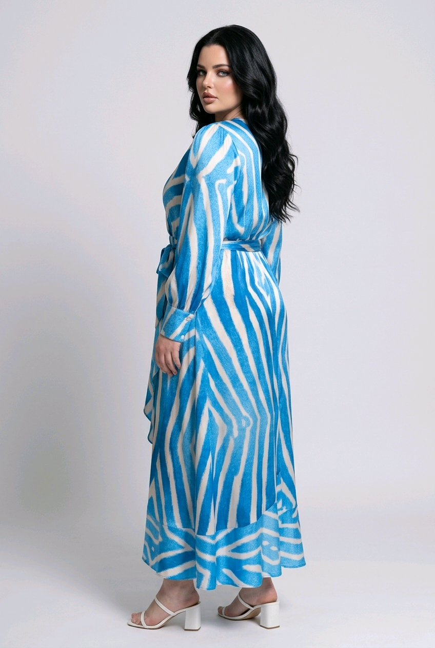 Satin Zebra Wrap Dress - Blue