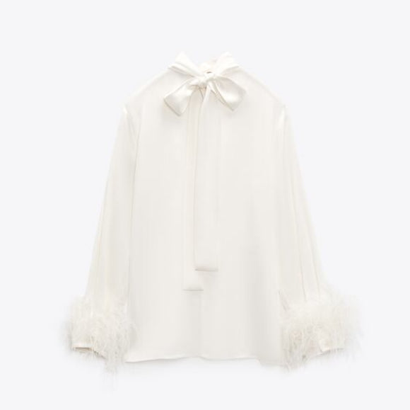 Satin Blouse with Removable Feather Cuffs