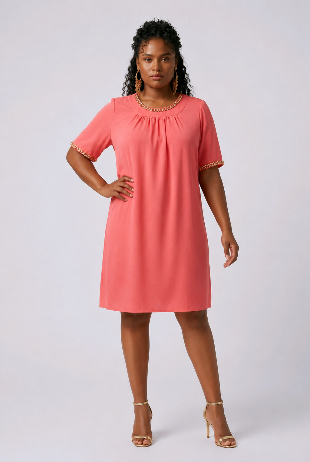 Coral Shift Dress with Gold Chain Detail