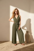 Deep V Jumpsuit with Pleated Wide Leg