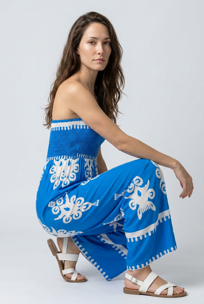 Blue Paisley Strapless Jumpsuit