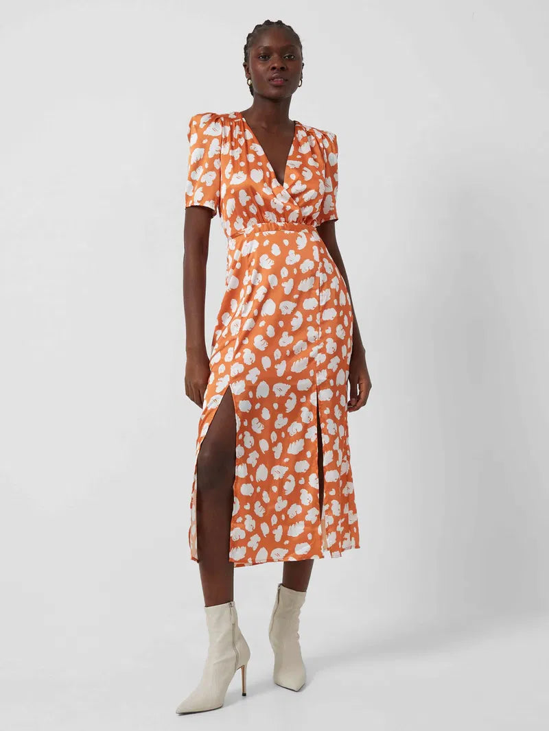 Satin Front Split Midi Dress