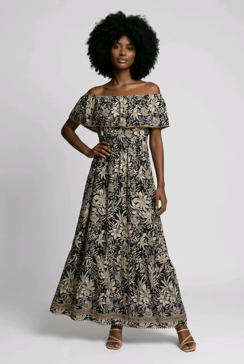 Floral Off-the-shoulder Maxi Dress - Black