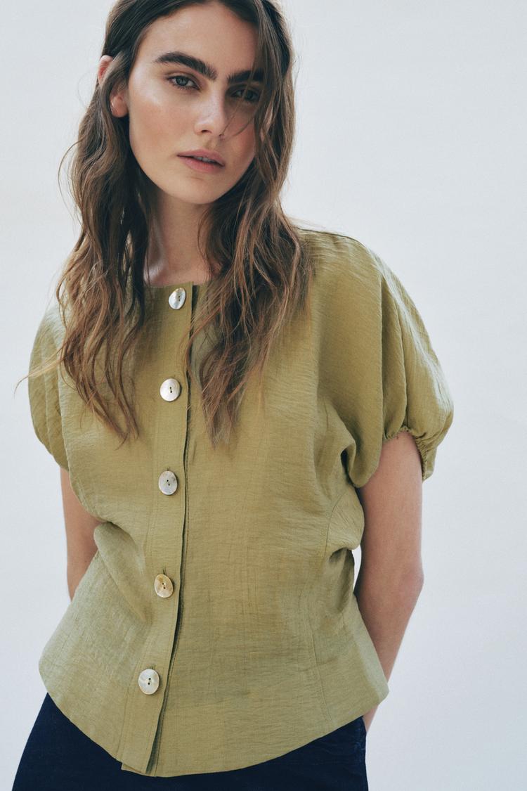 Olive Puff Sleeve Tailored Top