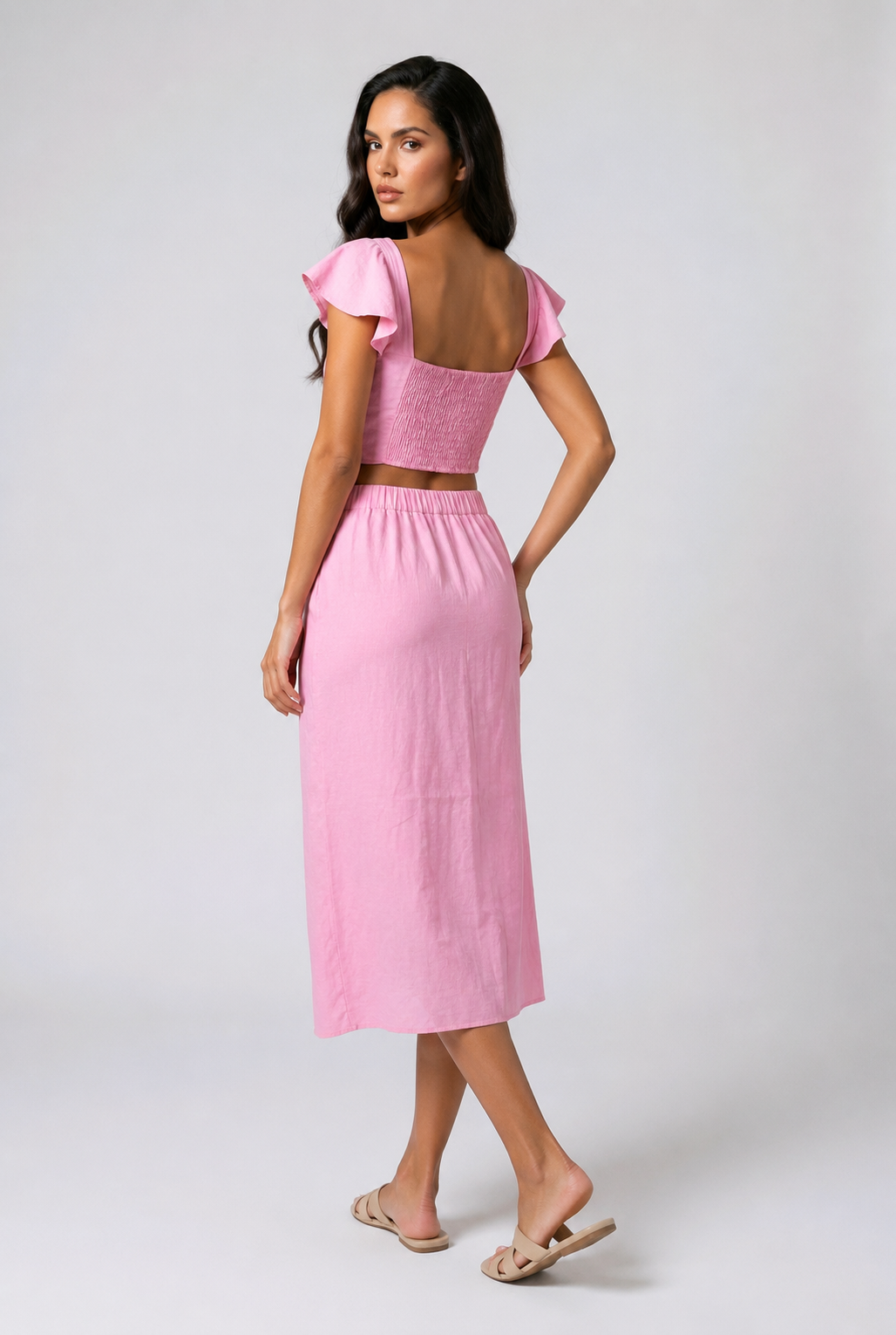 Pink Linen Crop Top + Skirt Set