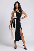 Black and Ecru Midi Dress with Brooch