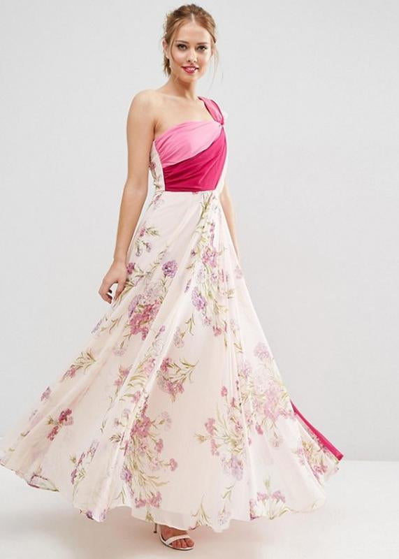 Elegant Floral One Shoulder Chiffon Dress