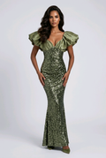 Olive Puff Sleeve Sequin Maxi Mermaid Dress