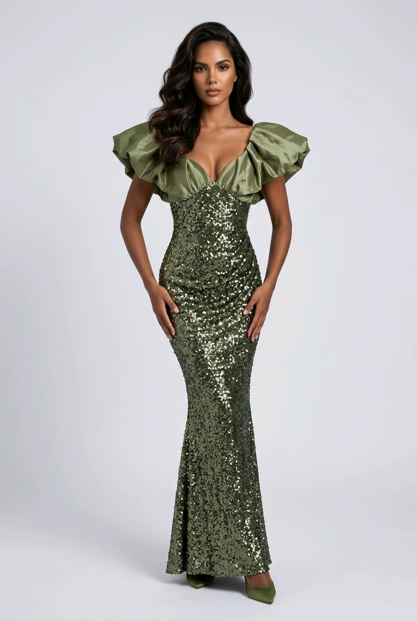 Olive Puff Sleeve Sequin Maxi Mermaid Dress