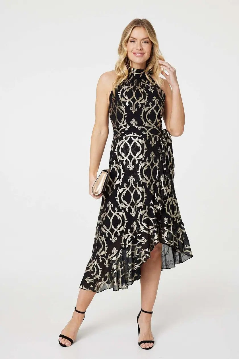 Gold and Black Printed High Low Halter-Neck Midi Dress