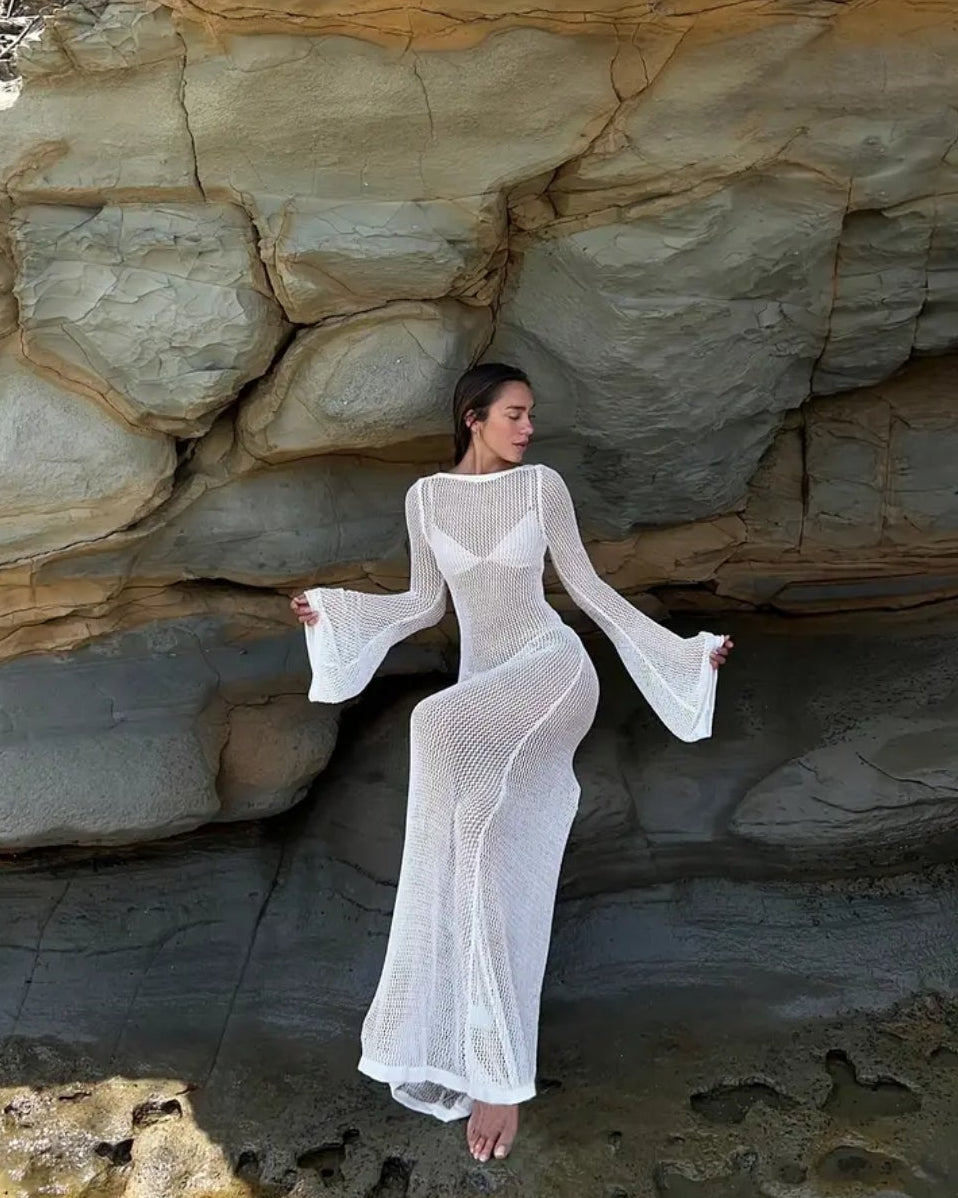 Crochet Long Sleeve Low Back Maxi Dress